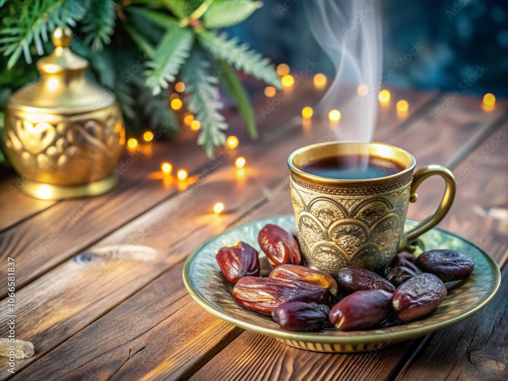 Fototapeta premium Aromatic Coffee and Dates with Golden Ornament on Wooden Surface - Aesthetic Food Photography for Coffee Lovers, Cozy Moments, and Gourmet Experiences