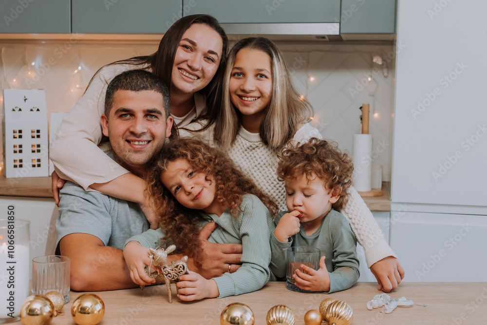Fototapeta premium happy large family has breakfast in the kitchen on Christmas Day