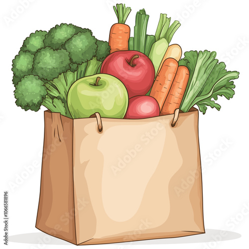 Illustration of a paper bag full of fresh vegetables on a white background 