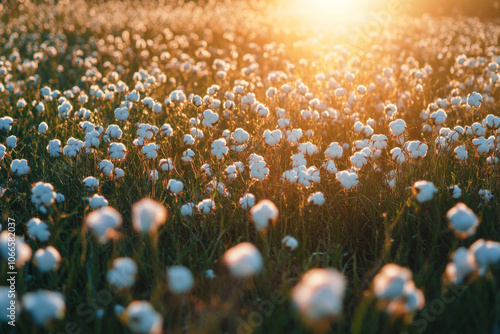 Field of ripe cotton bolls in sunset. Concept of agriculture, farming and natural fiber harvesting photo