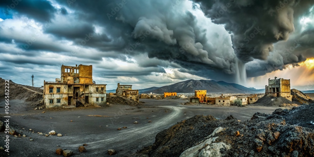 Ashen City: Panoramic View of a Volcanic Wasteland with Mysterious Silhouettes, Eerie Atmosphere, and Barren Landscape, Evoking a Sense of Isolation and Desolation in a Post-Apocalyptic Scene Ashen City: Panoramic View of a Volcanic Wasteland with Mysterious Silhouettes, Eerie Atmosphere, and Barren Landscape, Evoking a Sense of Isolation and Desolation in a Post-Apocalyptic Scene