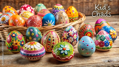 Colorful handmade egg crafts displayed in a woven basket, perfect for springtime decoration and festive gatherings