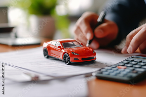 Close-up of toy car on table, with blurred business person working in office. Insurance agent calculating car insurance costs