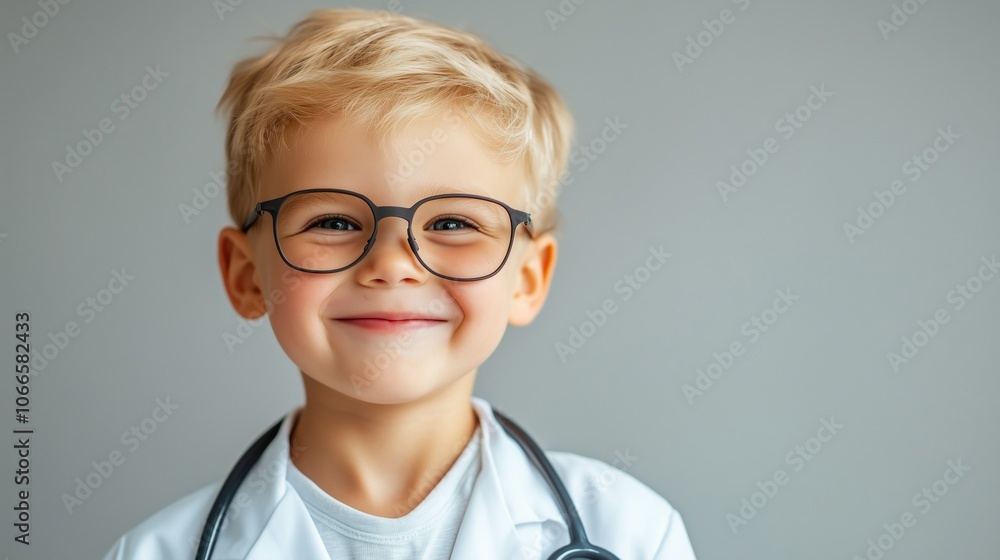 Headshot of a smiling little kid as a doctor. Children education for future professional jobs preparation concept Headshot of a smiling little kid as a doctor. Children education for future professional jobs preparation concept