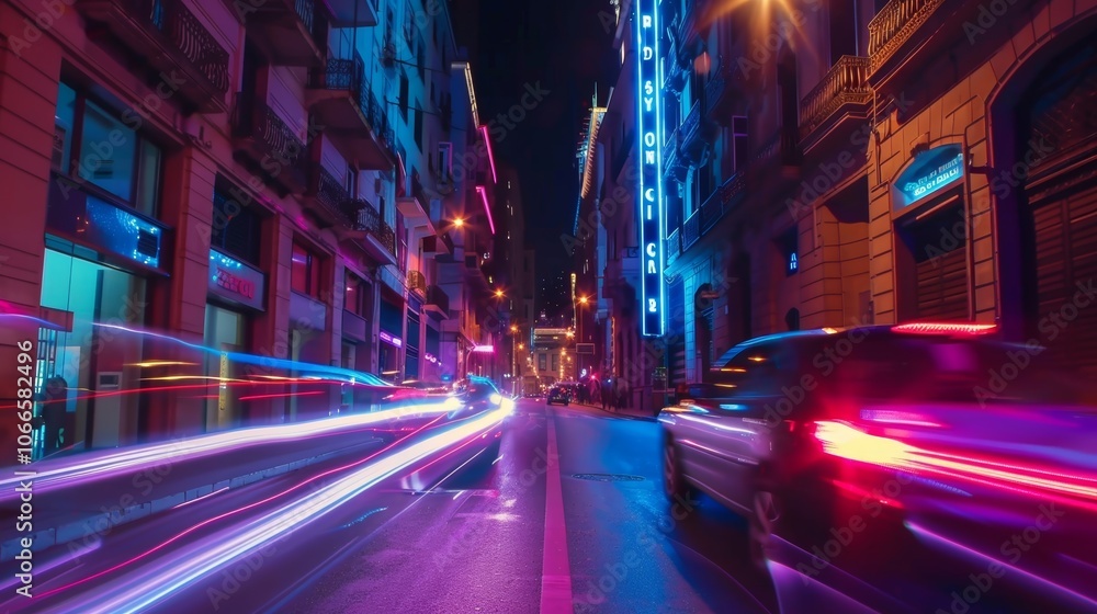 Obraz premium The narrow streets of the city transformed into glowing canyons by the movement of car lights.