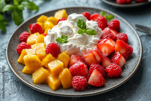 Fresh fruit platter with whipped cream served on a gray table