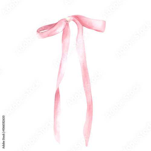 Watercolor pink silk bow Sweet girly textile hair ribbon, Girl coquette style accessory. Hair bow hairstyles product label, greeting card print Hand drawn illustration Clipart Isolated from background