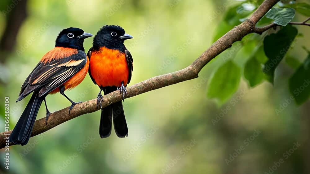 cute two orange black bird cuddle on the tree branch cute two orange black bird cuddle on the tree branch