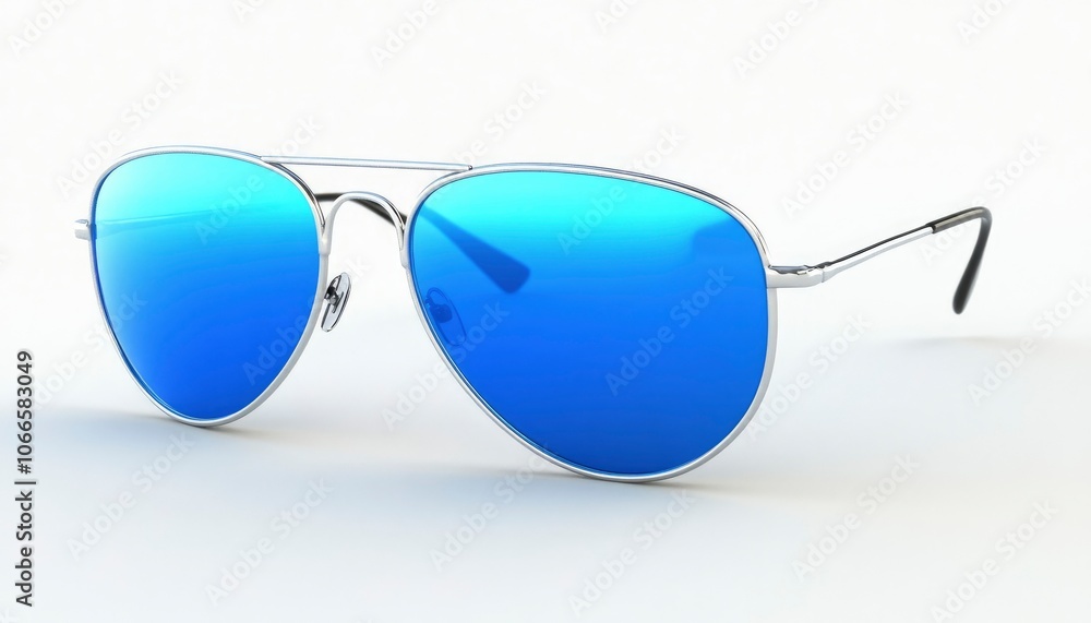 A pair of silver aviator sunglasses with blue lenses isolated on a white background. A pair of silver aviator sunglasses with blue lenses isolated on a white background.