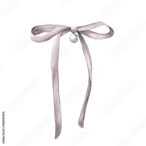 Grey silk bow with a pearl. Watercolor cute hair ribbon. Coquette girl accessory hand drawn in realistic style illustration. Clipart for product label, greeting card, sticker. Isolated from background