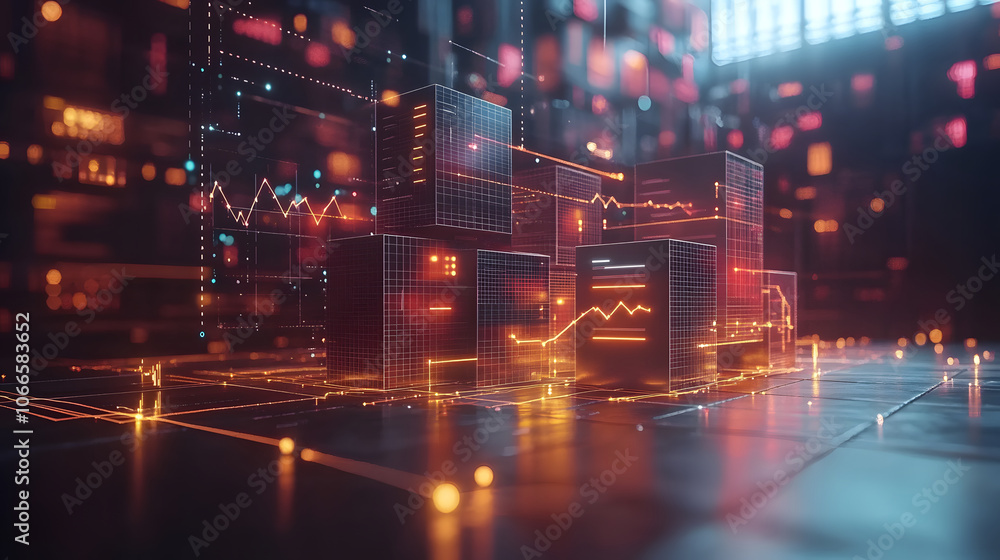 Fototapeta premium The image features a futuristic data visualization scene with glowing graphics, representing digital analytics in a high-tech environment.