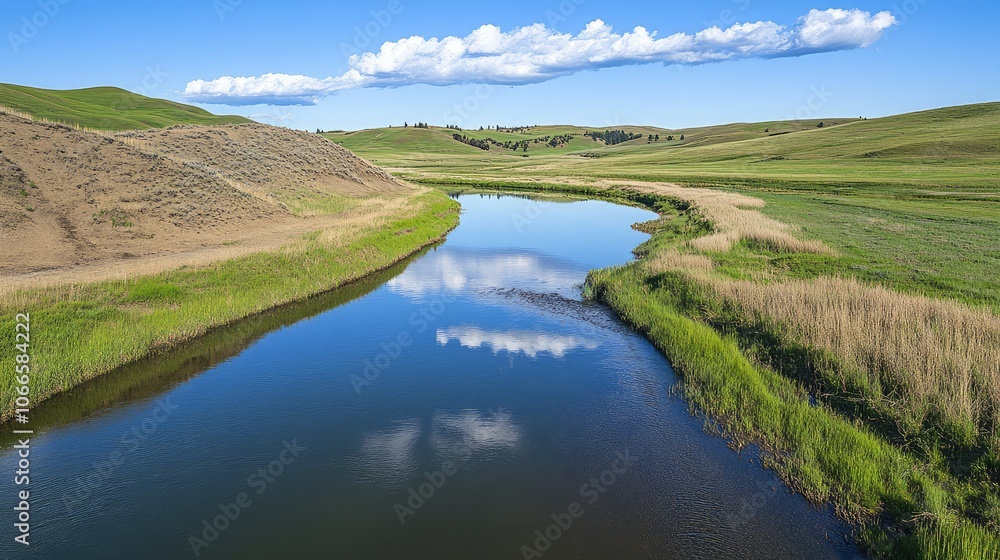 Serene River Landscape Under Blue Sky Serene River Landscape Under Blue Sky