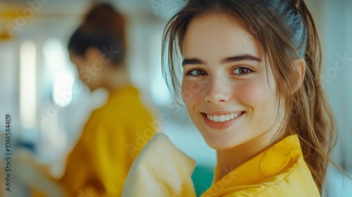 A young woman with a bright smile looking at the camera while wearing a yellow jumpsuit. Her friend is blurred in the background.