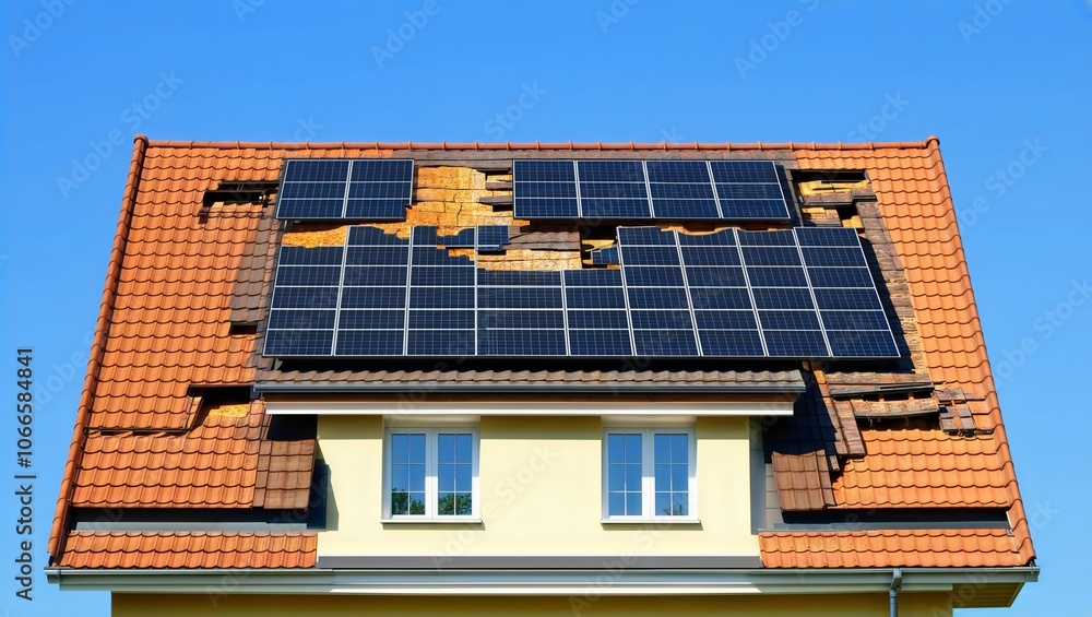 Damaged Roof with Solar Panels. Damaged roof with solar panels after a storm, showing the need for repair and insurance. Damaged Roof with Solar Panels. Damaged roof with solar panels after a storm, showing the need for repair and insurance.
