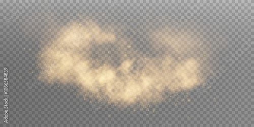 Sandy smoke clouds with dust and fine particles.  Dune, sand storm, powder clusters. Realistic vector illustration of desert storm - flying saw dust with small particles of dirt under the influence of