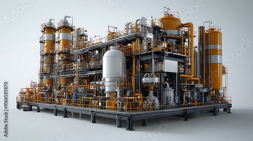 3D illustration of fractional distillation tower showcasing industrial equipment and complex piping systems. structure is designed for chemical processing and separation