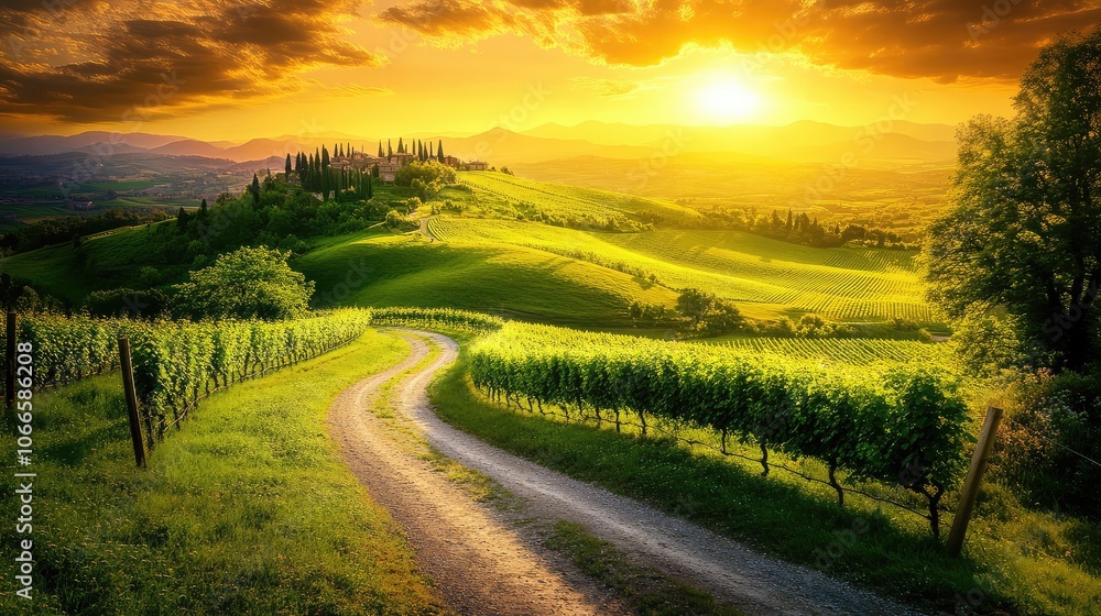 Fototapeta premium Serene Sunset Over Rolling Hills and Vineyards