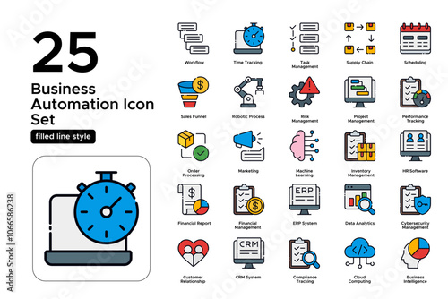 Business Automation Filled Line Icon Set: Streamlined Processes, Automated Systems, and Business Efficiency Icons