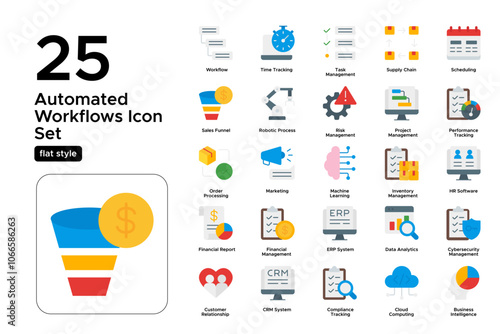 Automated Workflow Flat Icon Set: Smart Processes, Task Management, and Workflow Automation Icons
