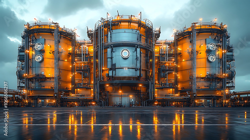 large hydrotreating reactor with illuminated structures, showcasing industrial design and modern engineering. scene reflects dramatic sky and wet surface, enhancing atmosphere photo