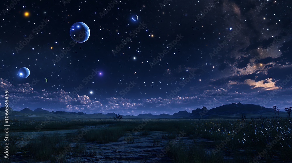 Fototapeta premium A Nighttime Landscape with Multiple Moons and Stars