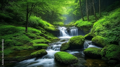 Serene Waterfall in a Lush Green Forest.