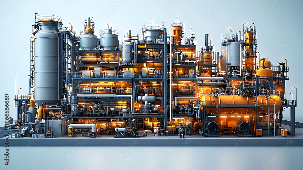 detailed 3D illustration of fossil fuel processing plant, showcasing intricate machinery and vibrant lighting. industrial design emphasizes efficiency and technology detailed 3D illustration of fossil fuel processing plant, showcasing intricate machinery and vibrant lighting. industrial design emphasizes efficiency and technology