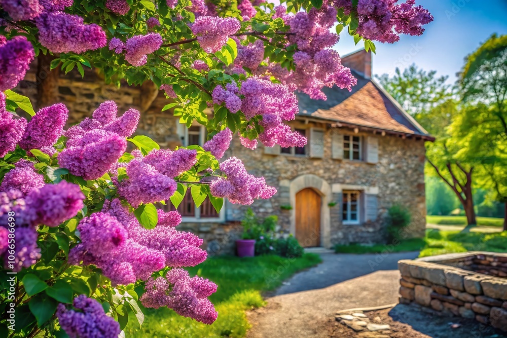 Blooming Lilac Bush Near Stone Building in Spring Landscape - Vibrant Lilacs, Yard Design, Beautiful Nature, Flowering Plants, Outdoor Aesthetics, Seasonal Beauty, Garden Serenity Blooming Lilac Bush Near Stone Building in Spring Landscape - Vibrant Lilacs, Yard Design, Beautiful Nature, Flowering Plants, Outdoor Aesthetics, Seasonal Beauty, Garden Serenity