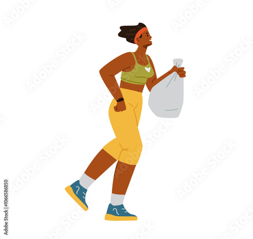 Plogging concept. African American woman running and collecting garbage flat vector illustration isolated on white.