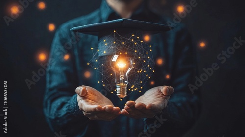 E-learning graduate certificate program concept. man holding lightbulb showing graduation hat 