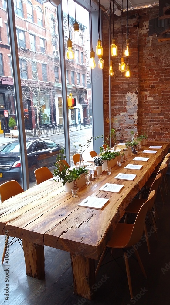 Naklejka premium Wooden Table and Chairs in Restaurant.