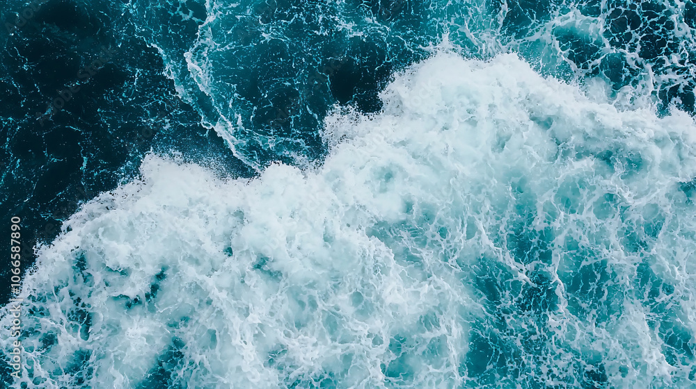 Aerial view of ocean waves crashing, showcasing intense water flow and foam. vibrant turquoise color contrasts beautifully with white froth, creating dynamic and energetic scene Aerial view of ocean waves crashing, showcasing intense water flow and foam. vibrant turquoise color contrasts beautifully with white froth, creating dynamic and energetic scene