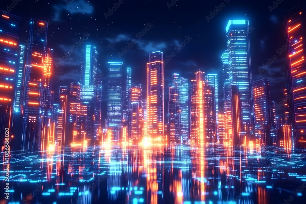 Obraz premium Futuristic Night City in the Distance Glowing with Lights