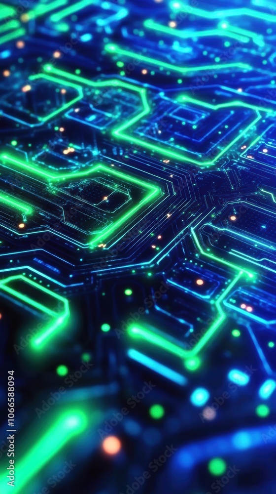 Modern digital circuit board pattern with neon blue and green glowing pathways Modern digital circuit board pattern with neon blue and green glowing pathways
