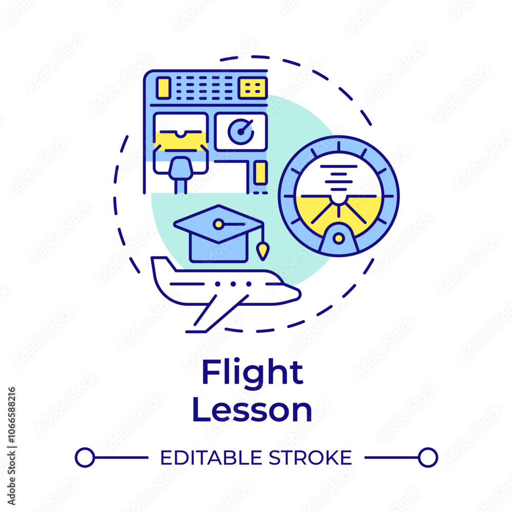 Flight lesson multi color concept icon. Pilot training, aviation. Avionics, education. Round shape line illustration. Abstract idea. Graphic design. Easy to use in infographic, presentation Flight lesson multi color concept icon. Pilot training, aviation. Avionics, education. Round shape line illustration. Abstract idea. Graphic design. Easy to use in infographic, presentation