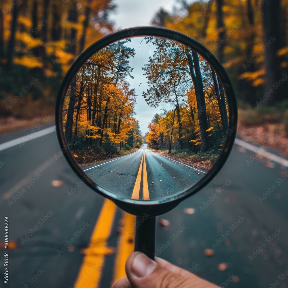 A road through a forest viewed through a magnifying glass. AI. A road through a forest viewed through a magnifying glass. AI.