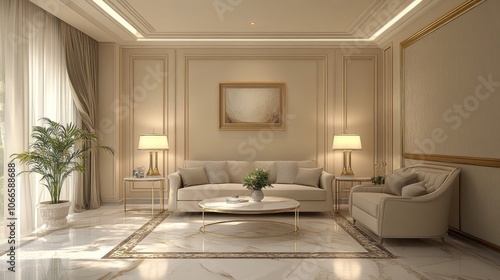 Luxurious Living Room with White Couch and Gold Accents photo