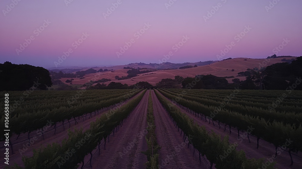 Serene Vineyard at Dusk with Colorful Skies Serene Vineyard at Dusk with Colorful Skies