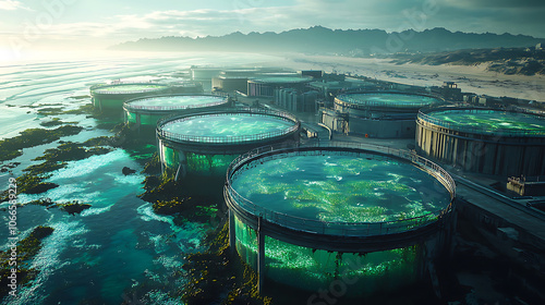 Aerial view of algae based fuel research center by coast, showcasing large circular tanks filled with vibrant green algae. serene ocean waves and distant mountains create tranquil atmosphere