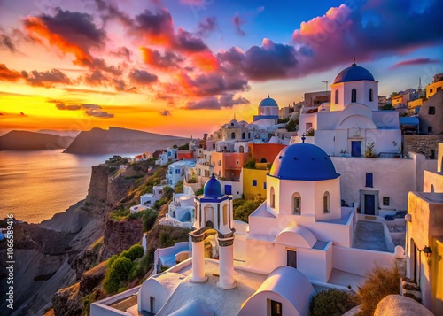 Breathtaking Sunset Over Oia Village in Santorini, Greece: A Captivating View of Whitewashed Homes and the Aegean Sea at Dusk