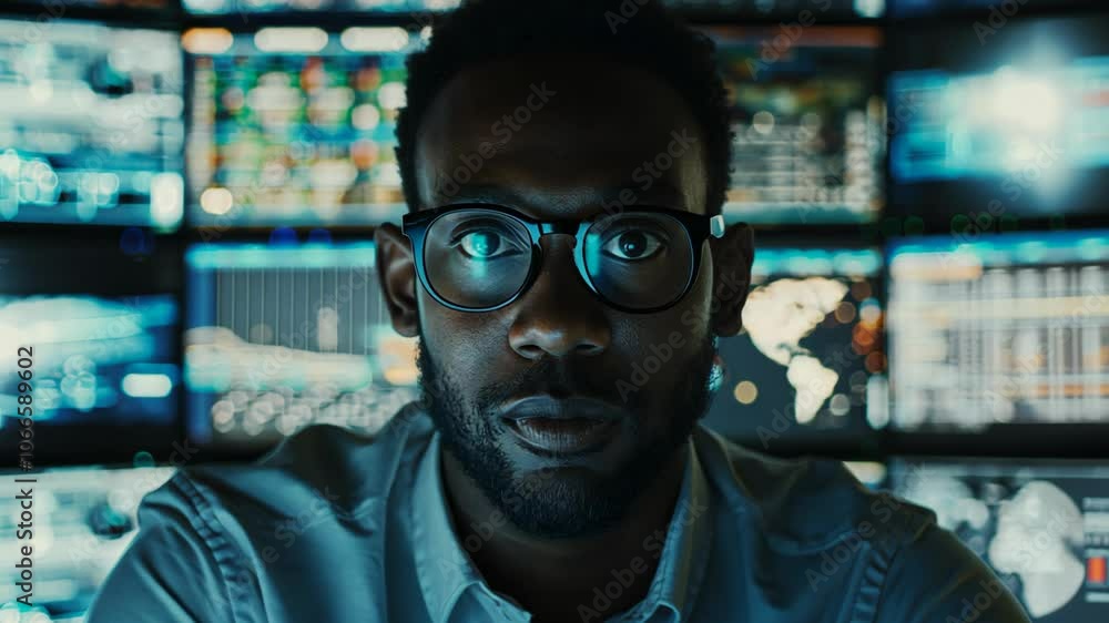  a black man in room full of screen showing data and information, data center concept