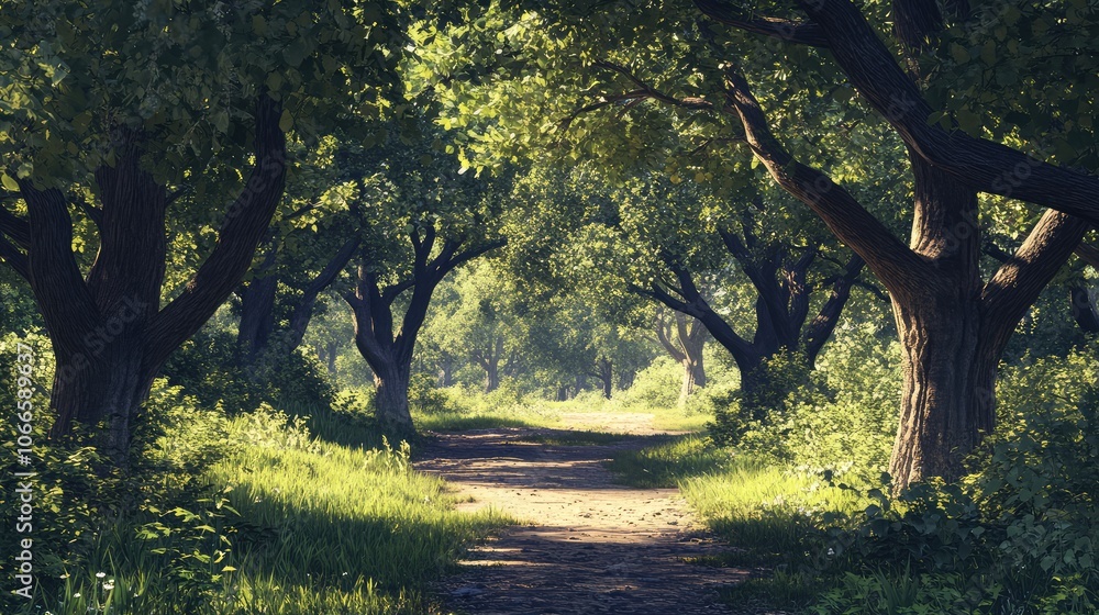 Serene Forest Pathway in Lush Green Surroundings Serene Forest Pathway in Lush Green Surroundings