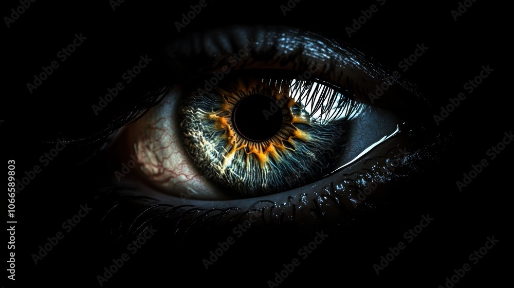 Detailed close-up of an eyeball emphasizing the iris, on a dark background. Simple composition highlighting the eye's structure. Detailed close-up of an eyeball emphasizing the iris, on a dark background. Simple composition highlighting the eye's structure.