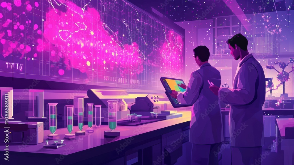 Researchers in a high-tech laboratory, analyzing DNA strands on holographic screens Researchers in a high-tech laboratory, analyzing DNA strands on holographic screens