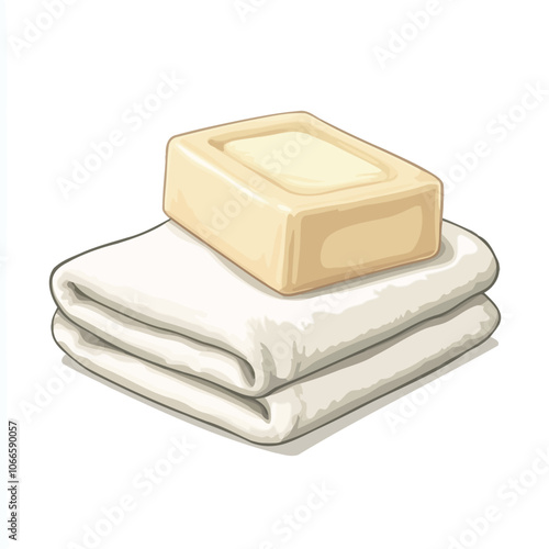 Illustration of a stack of white towels and a piece of butter 