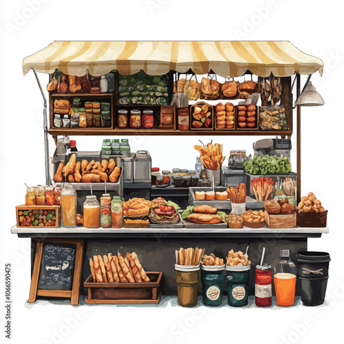 illustration of a street food stand with various products on a white background 