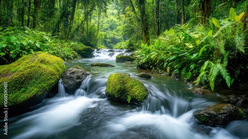 Serene Green Jungle Stream with Flowing Water