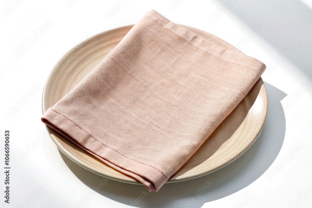 Beige linen napkin folded neatly on a round ceramic plate for table decor Beige linen napkin folded neatly on a round ceramic plate for table decor