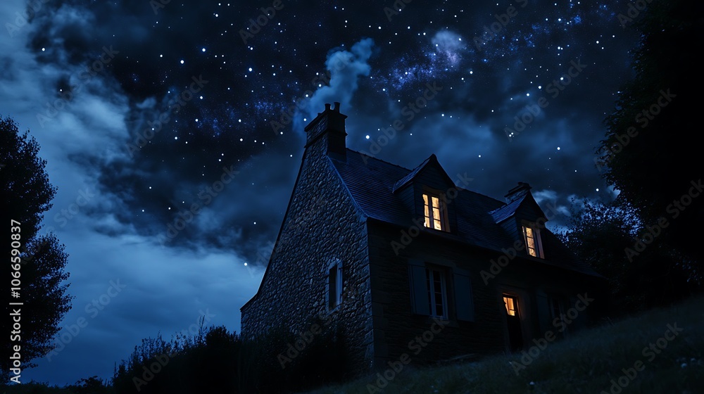 A Stone House Under a Starry Night Sky