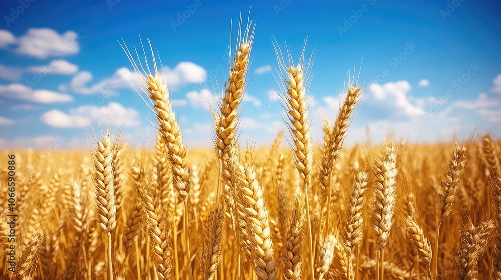 Fototapeta premium Golden Wheat Field Under Blue Sky with Clouds